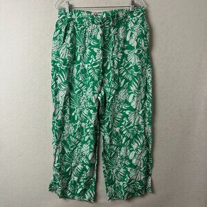 Nicole Miller pants sz XL 100% linen Flax wide leg‎ cropped green white tropical
